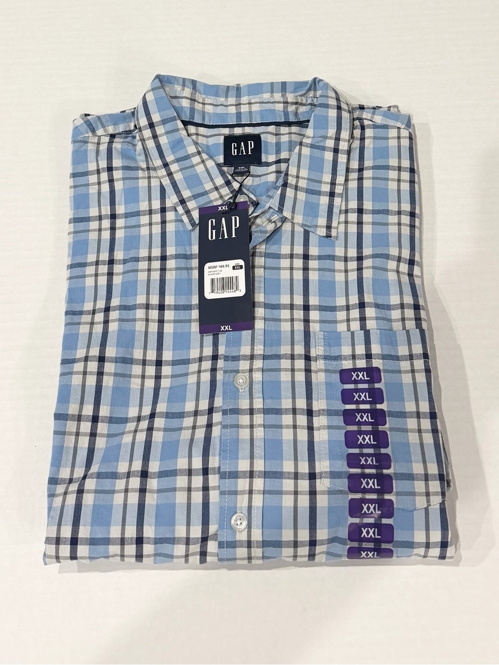 GAP Men's Light Blue and White Plaid Button-Down Shirt